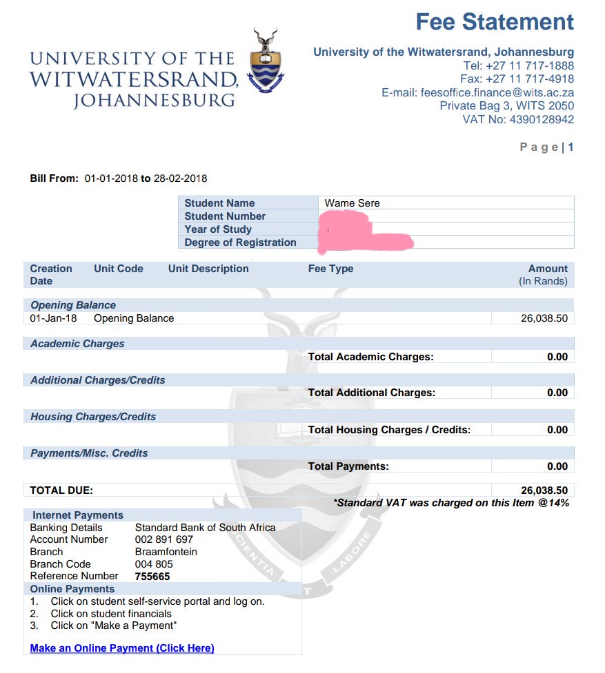 WameSere's tweet photo. I have completed my degree with WITS but won't be sitting for my graduation for the 2nd time due to outstanding fees of R26038. I am kindly asking for assistance. Thanks in advance. Please RT #SaveGraduates https://t.co/UkidWEJuIp