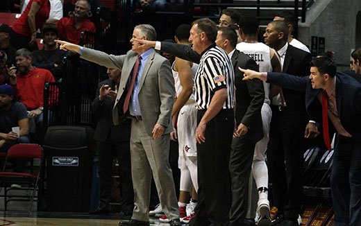 PeggyPeattie's tweet photo. Intense game of strategy led #SDSUhoops to a win over Boise State Tuesday @GoAztecs @SDSUBasketball A whole lot of finger pointing and questionable calls. Got TV? https://t.co/bJGe0fznYV
