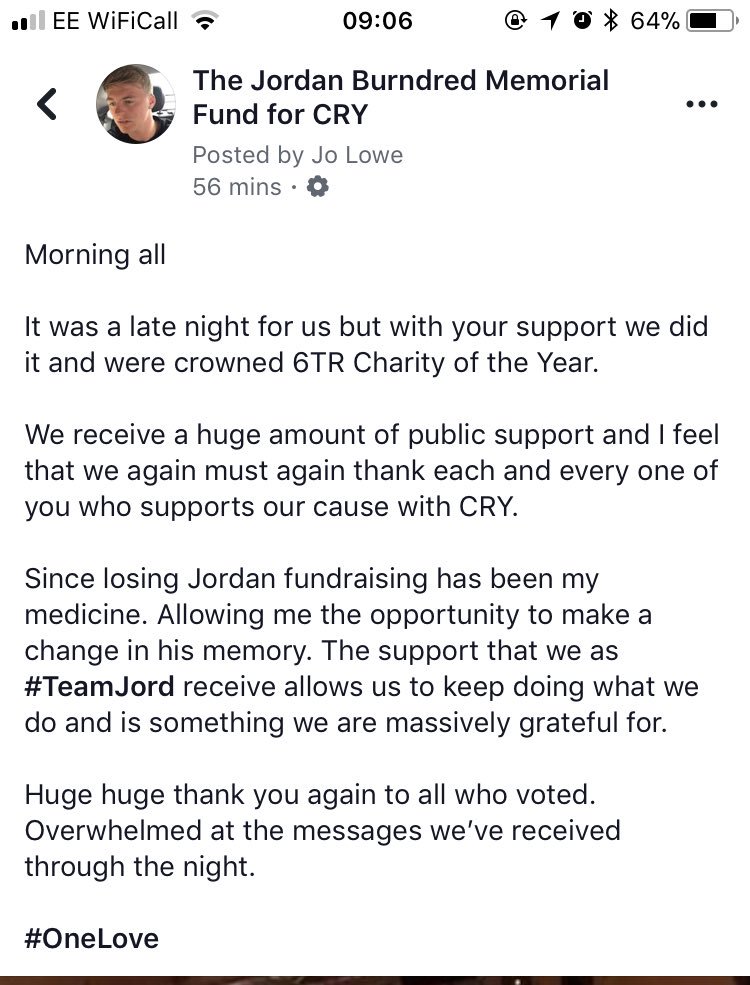TeamJord's tweet photo. I think this video speaks for itself. Emotional. Proud. Bittersweet. But we keep doing what we do to ensure Jordan’s legacy lives on @CRY_UK last night we were crowned @6townsradio Charity of the Year 2018.                                            https://t.co/OwId4D9zGC https://t.co/T5Jdcs2KIY
