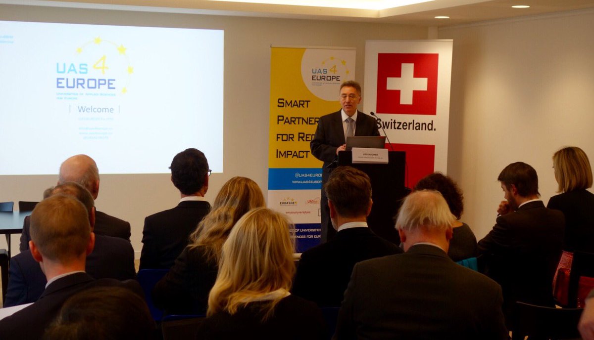 SwissmissionEU's tweet photo. ๐จ๐ญAmbassador Urs Bucher welcomes participants in the Croissant Event @UAS4EUROPE for #FP9 in Brussels to promote practice-based research #UAS4EU #Horizon2020 https://t.co/21nbfkB6p0
