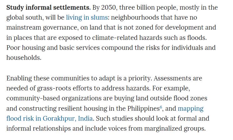 Engage with informality: one of six research priorities for climate change in cities. New <a href="/nature/">nature</a> comment before <a href="/Cities_IPCC/">Cities IPCC</a> conference next week. nature.com/articles/d4158…