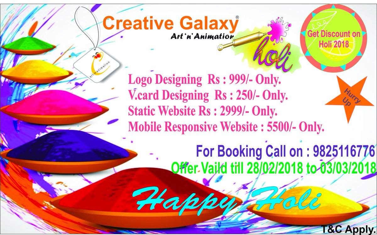 CreativeG789's tweet photo. Creative Galaxy Presents Special Holi Offer.
#Creativegalaxy #logodesign #branding #visitingcarddesign #websitedesigning #developments #offers #ITServices #Holi #celebratation #Brandingsolution #Promotion #Vadodara #Baroda #Gujarat #India https://t.co/VXVDwCaav9