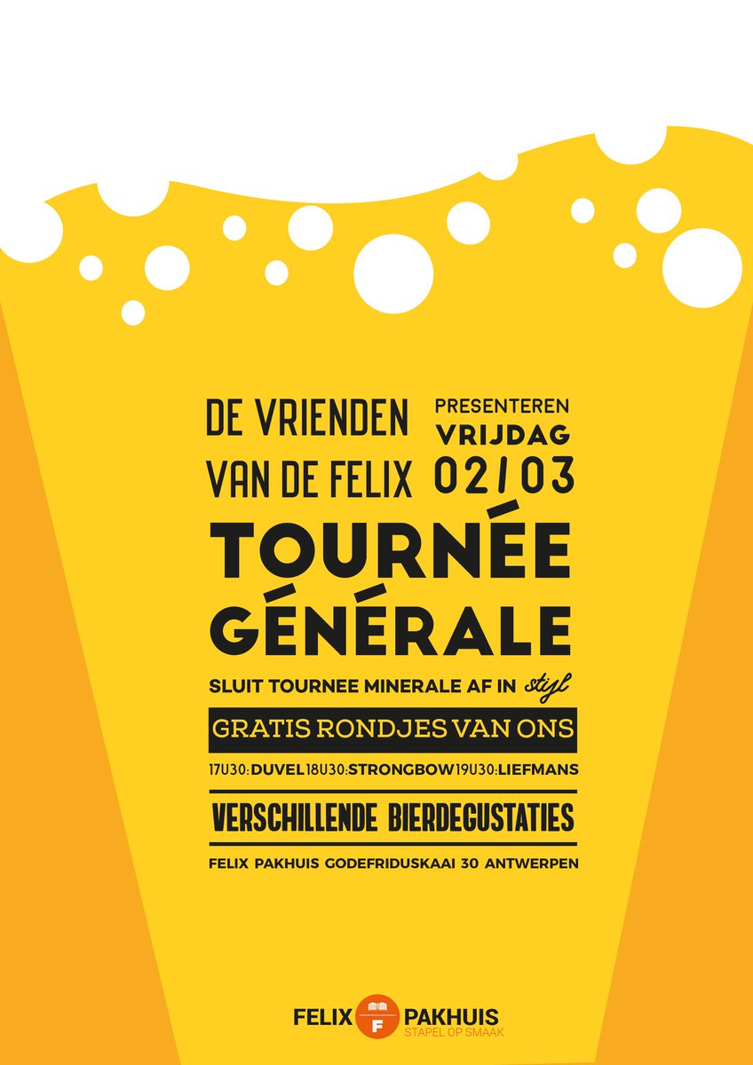 Kom deze vrijdag het einde van #TournéeMinérale vieren op onze Tournée Générale! Geniet van een ruim assortiment aan bieren én enkele gratis rondjes. Tot dan!
