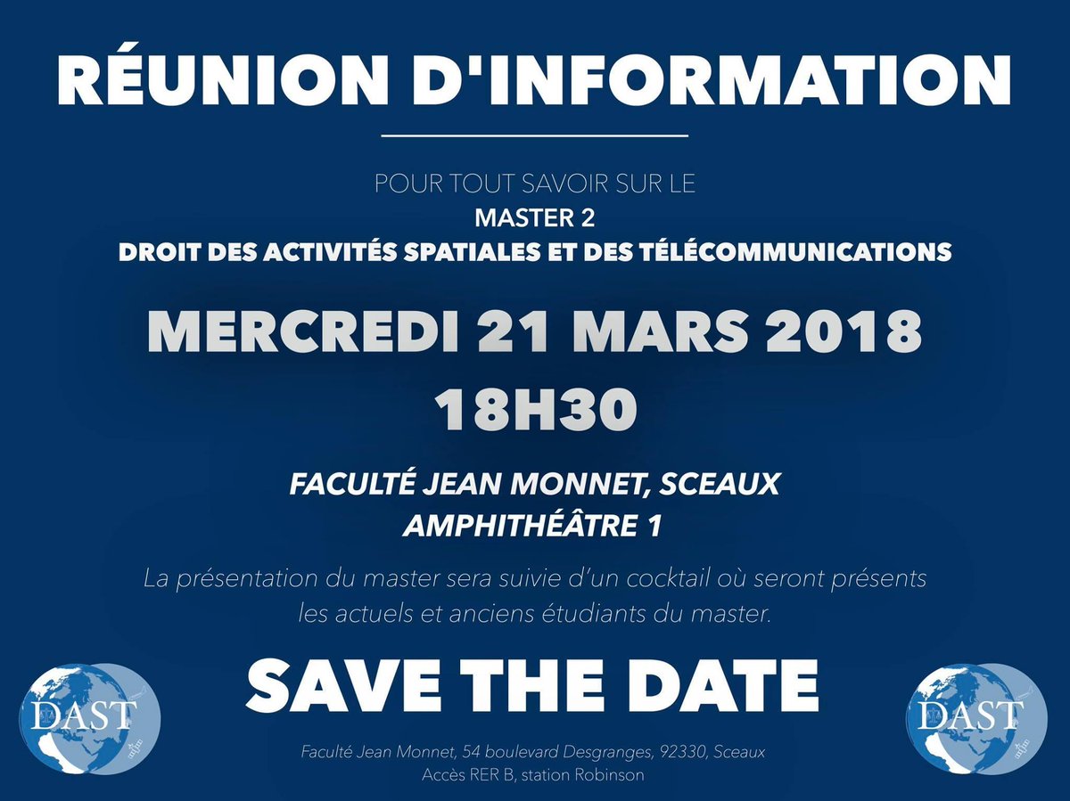 DigitalLawMCC's tweet photo. 🚀SAVE THE DATE ! 📡Une réunion d'information est organisée le 21 mars prochain à la Faculté Jean Monnet pour les futurs étudiants du M2 Droit des activités spatiales et des télécommunications✈️ ! #DLMCC #Aerospace #spatial @AssoM2DAST @u_psud @UnivParisSaclay @DigitalLawMCC https://t.co/V2zv90vD3y