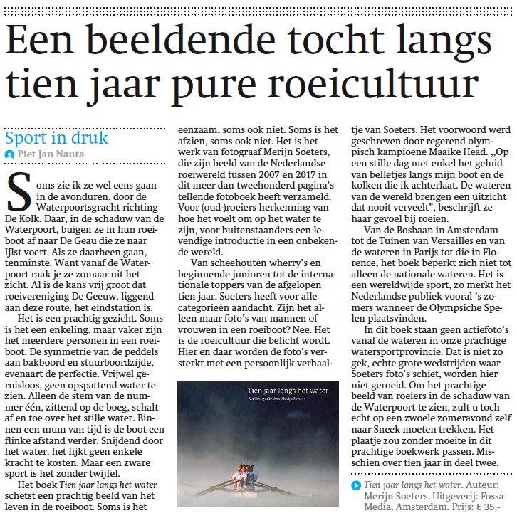 .@PietJanNauta schreef in het <a href="/frieschdagblad/">Friesch Dagblad</a> over mijn fotoboek: "Het schetst een prachtig beeld van het leven in de roeiboot. [...] Het is de roeicultuur die belicht wordt." Dankjewel! Bestel hier: merijnsoeters.com/product/tien-j…