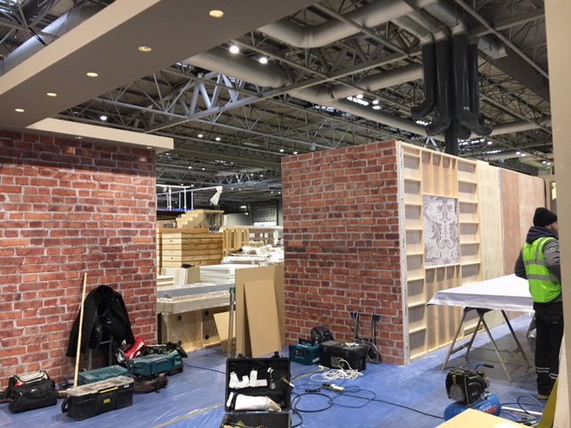 No time wasted by the team at the @thenec. The 3D brick effect backdrop will show off some of our radiators, mirrors, toilets and towel racks! Make sure you visit us during the #KBB18 event.
