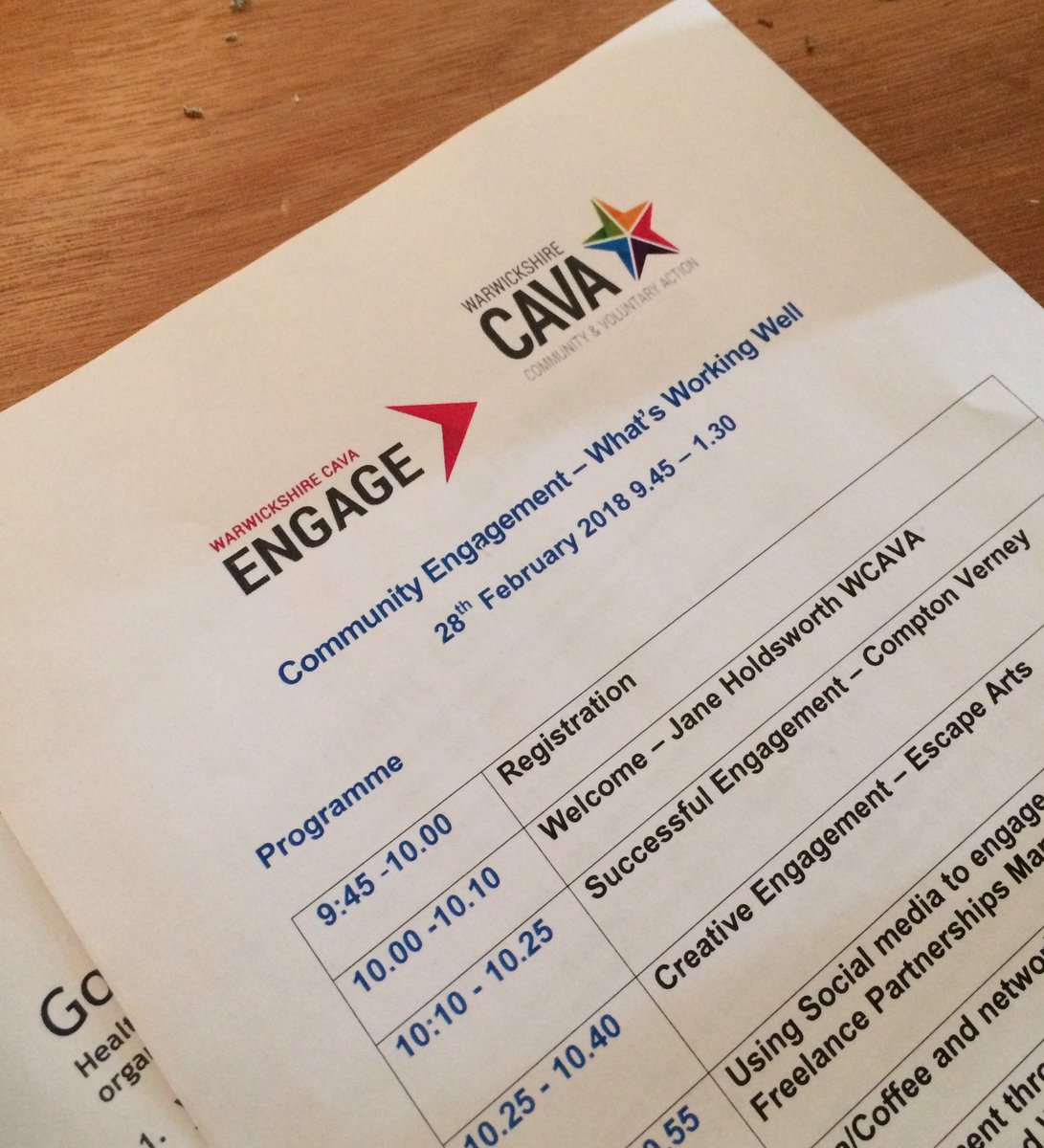 Interesting morning ahead finding out what's working well with Community Engagement <a href="/wcavaorg/">Warwickshire & Solihull CAVA</a> <a href="/WarksPride/">Warwickshire Pride</a> <a href="/TylerHouseHub/">TylerHouseHub</a> <a href="/OurTownTrust/">Stratford Town Trust</a>