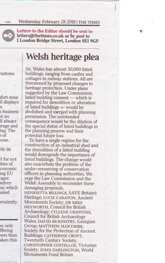 Welsh Heritage Plea: Letter signed by 9 national heritage organisations including SAVE in today's <a href="/thetimes/">The Times and The Sunday Times</a>  bit.ly/2FboTFq