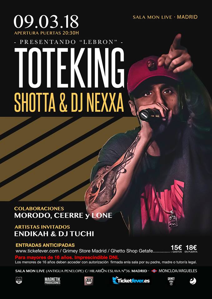 El sábado 9 <a href="/ToteKingOficial/">T O T E K I N G</a> no sólo estará acompañado de @ShottaDestroy y <a href="/djnexxa/">Nexxa</a>, también estarán en el escenario de <a href="/SalaMonMadrid/">Sala MON Live</a> <a href="/MorodoStyle/">MORODO Oficial</a> Ceerre <a href="/lonezgz/">Lone</a> @EndikahLMTYT &amp; <a href="/TuchiYONKOSTEAM/">DjTuchi</a> <a href="/MAD91Familia/">MAD91 FAMILIA</a> 
Últimas entradas en ticketfever.es