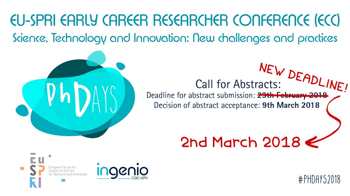 Ingenio_CsicUpv's tweet photo. 📢#PhDays2018 We are receiving interesting abstracts. You still have a little time to send yours 😀 DEADLINE: MARCH 2nd https://t.co/2Jcp7MAJwu #Innovation #PhStudents #ScienceComm #RRI #Scipol #Sustainability #Dissemination #Valencia https://t.co/YXNa6OOYj7