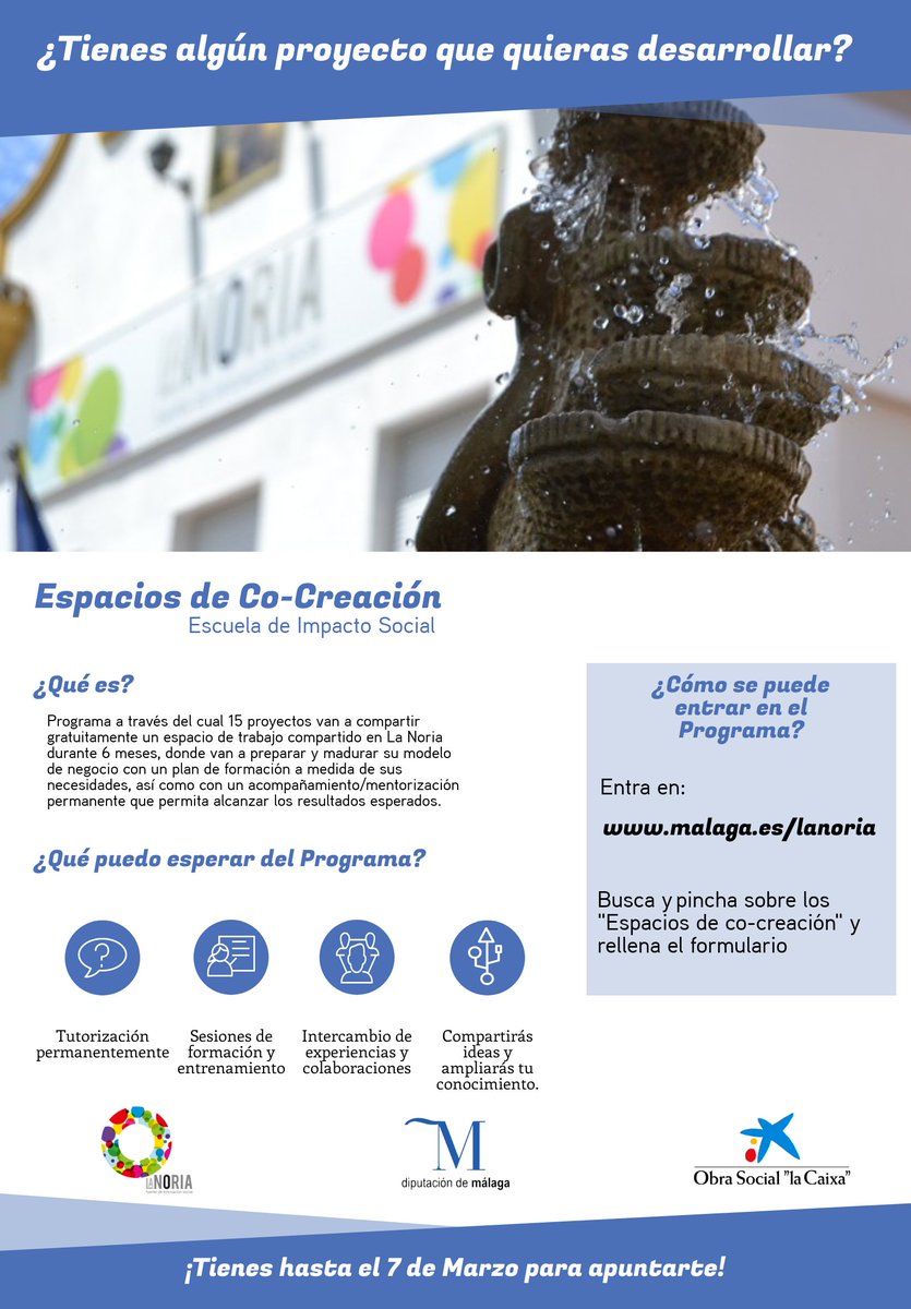 La Noria abre la convocatoria para el impulso de 15 proyectos de emprendimiento social desde la #EscueladeImpactoSocial 💡🌍 Compartirán un espacio de trabajo durante 6 meses, se beneficiarán de un programa formativo y recibirán mentorización por expertos👉goo.gl/6EKUgz