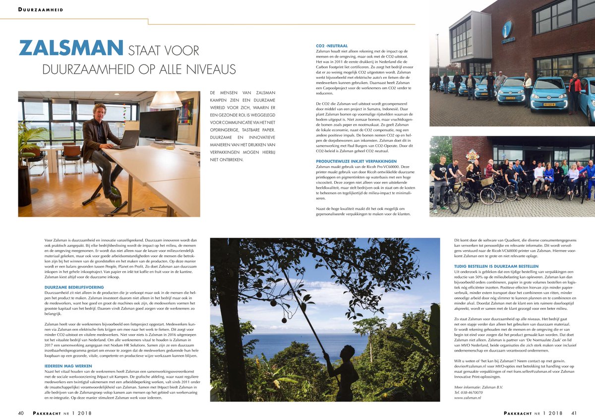 Mooi artikel over #duurzaamheidsbeleid van <a href="/zalsman/">zalsman</a> in de 1e editie van <a href="/Pakkracht/">pakkracht_biz</a> 2018. Het artikel is ook online te lezen: tinyurl.com/yahvxwja Meer informatie over ons #duurzaamheidsbeleid? Neem contact op, mail: info@zalsman.nl. #duurzaam #verpakken #drukwerk #pakkracht