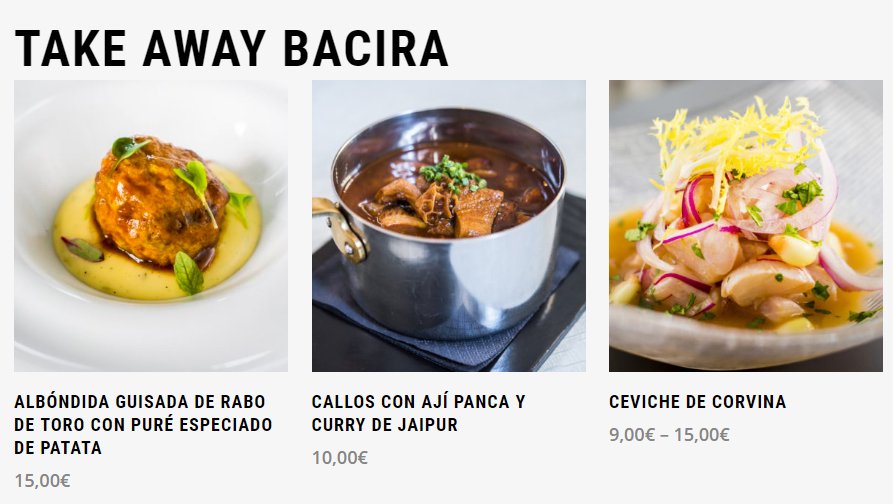 Tenemos el placer de comunicaros que ya tenemos disponible en la web nuestro servicio Take away. Es muy fácil de usar:
✔ Elige cómodamente los platos que quieres comer.
✔ Haz tu pedido. 
✔ Paga online. 
✔ Recógelo en el local.
✔ ¡A disfrutar!
bacira.es/tienda/