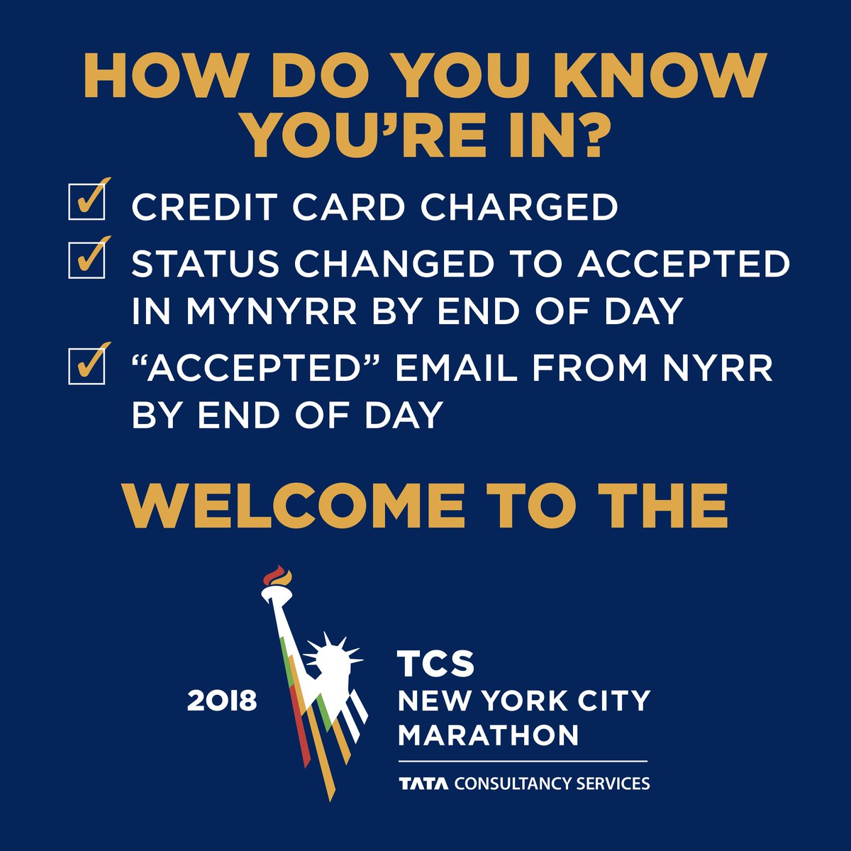 nycmarathon's tweet photo. It’s officially TCS New York City Marathon drawing day! The drawing is taking place all day beginning now. Runners will be accepted into the race in waves throughout the day, so some runners may find out their status before you do. Here’s how you will know if you’re in. https://t.co/TxQ5q2D43d
