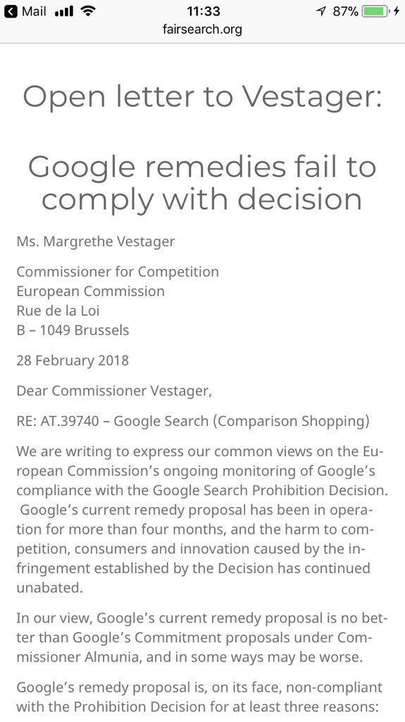 UGambini's tweet photo. Open letter from @Foundem to Commissioner @vestager &amp; cabinet members @EU_Competition @yizhouren @RCardosoEU “ #Google remedies fail to comply with decision” Letter is online both on the https://t.co/7IYrAJpO6W and @FairSearch website #transparency @ramontremosa @Andreas_Schwab https://t.co/HV9Yd9bnmy