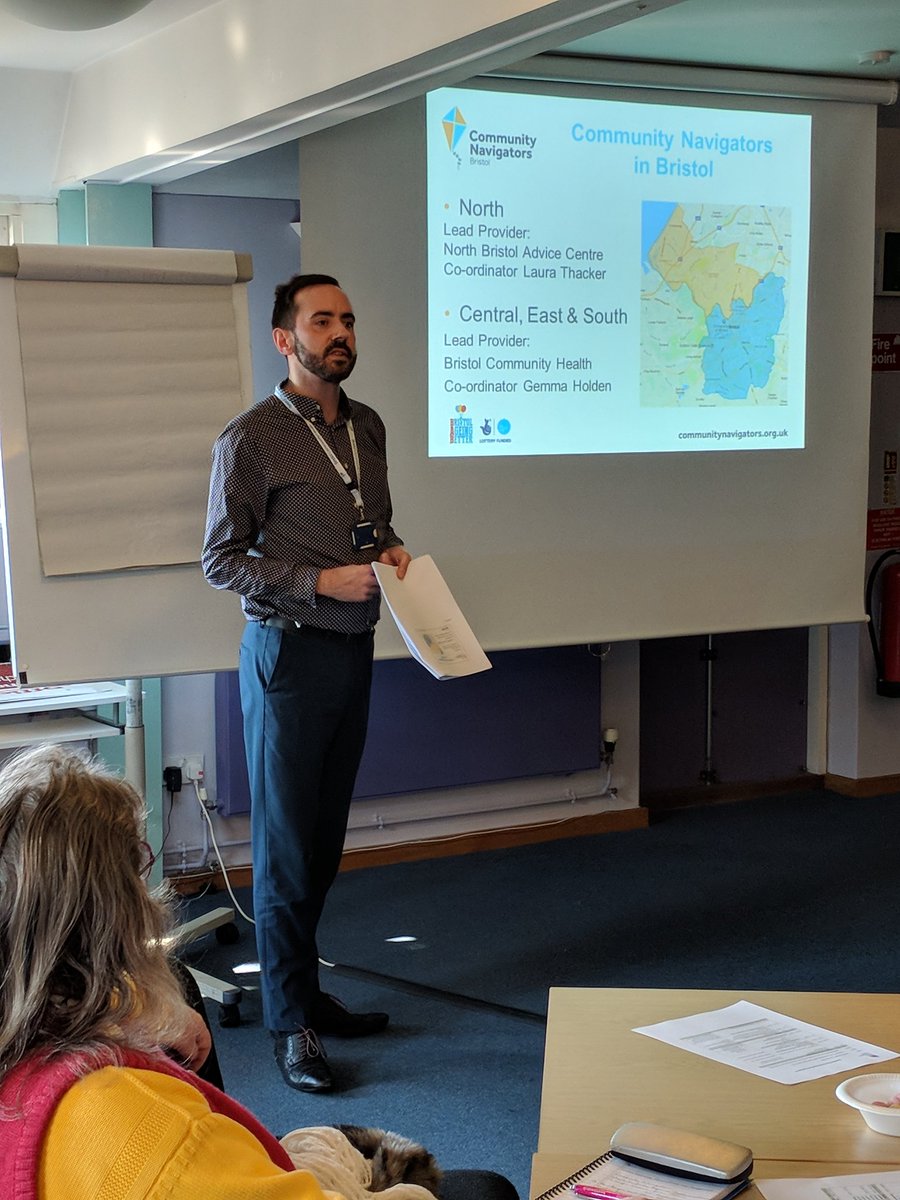 Lizpott's tweet image. Hearing more about #communitynavigators from Matthew. A brilliant free service offered to people aged over 50 in Bristol who may be feeling lonely or isolated @BrisComHealth