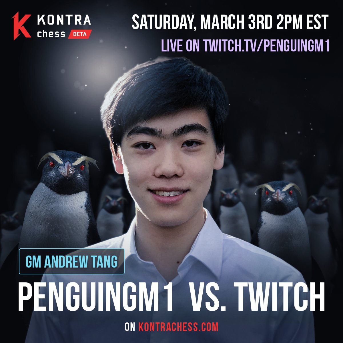 KontraChess's tweet photo. GM Andrew Tang AKA Penguingm1 will play against all comers on https://t.co/LOA79xAJyJ live on Twitch this Saturday. Register now and become part of the open beta launch!
#kontrachess #chess #blitzchess #bulletchess #ultrabullet #innovation #launch #future https://t.co/M3HpIXRpAE
