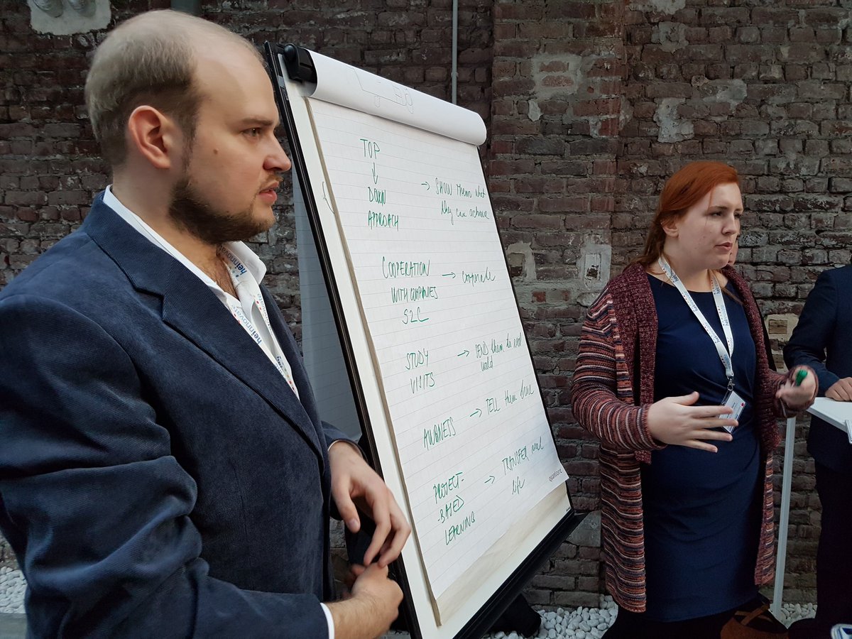 vkrmicek's tweet photo. How to disrupt universities? Start with student ideas! 5 international teams worked last day on great ideas how to innovate education at universities at #Hei_hack, now getting feedback from universities, great job! #HEInnovate2018 @HEInnovate https://t.co/1sZqIdFgTQ