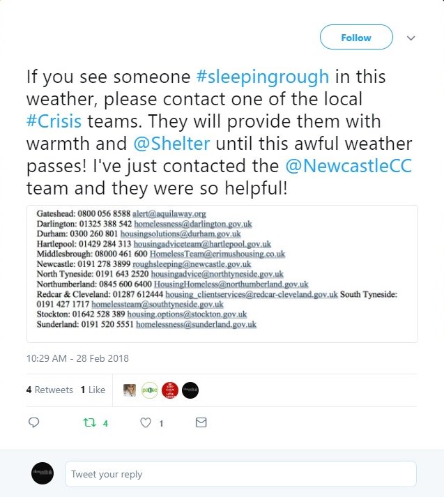 NewcastleCC's tweet photo. Here's what to do if you're concerned for somebody on the streets in the snow @Shelter @crisis_uk @ChangingLives__

#TheBeastFromtheEast #UKSnow https://t.co/1asrp0AbW2