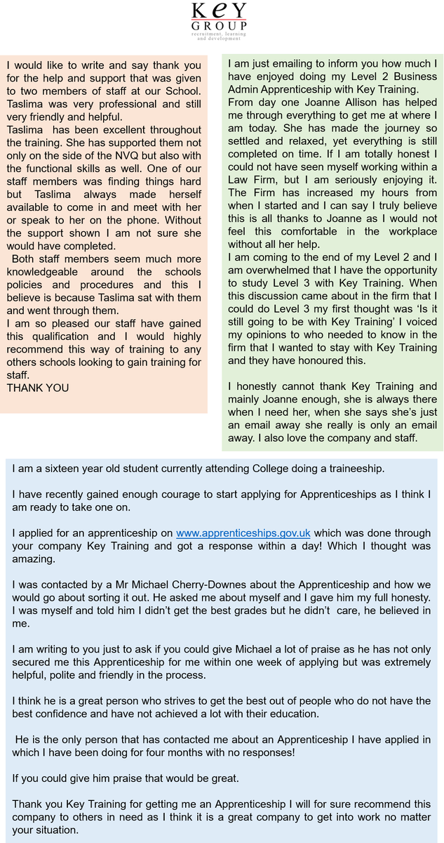 Excellent feedback for Key Group! Once again well done team ! #unlockspotential #apprenticeships #teamwork #feedback