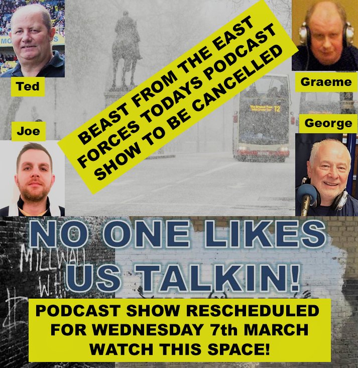 NOLUTALKIN's tweet photo. It is with regret that this evenings Podcast Show has fallen foul of the weather. The show is being rescheduled for next Wednesday 7th March. Sorry Guys! #millwallFC #JoeAmphlett #EFLChampionship #MillwallSupporters #GeorgeLampey #TedRobinson #GraemeSmale https://t.co/jQ2Qezzhco