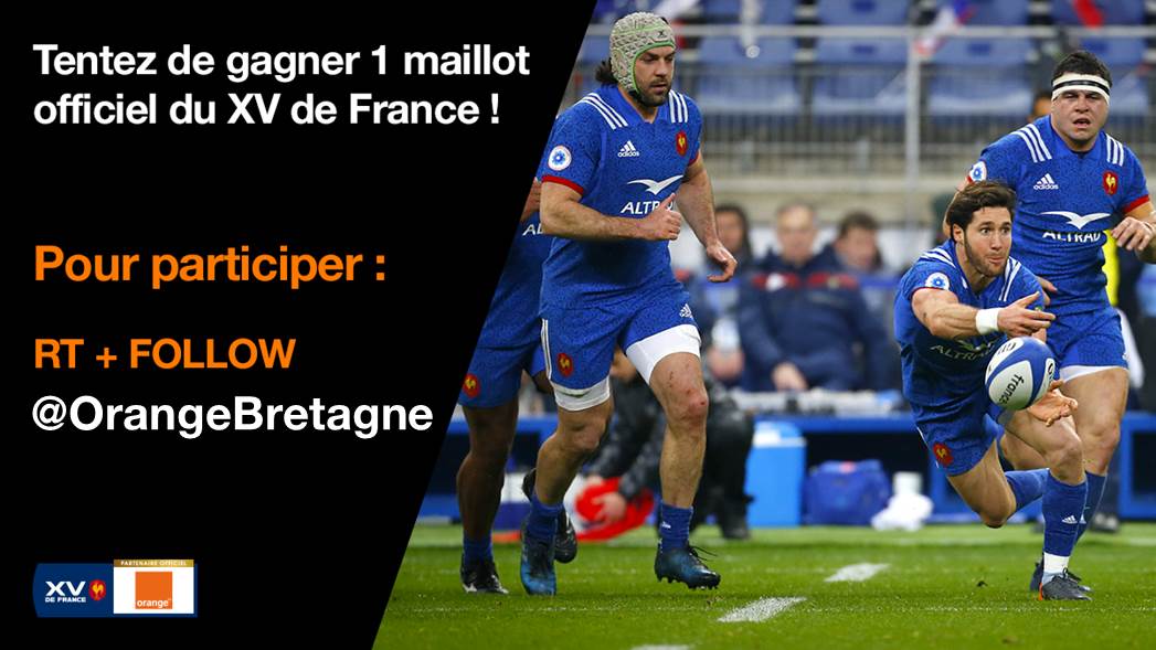 OrangeBretagne's tweet photo. [#JEU] 
🏉 Tentez de gagner votre maillot du #XVdeFrance pour soutenir les Bleus face à l'Angleterre !
➡ RT + Follow @OrangeBretagne ! Tirage au sort le 05/03.
#FRAANG #AvecLeXV #Rugby https://t.co/XXvBLxeNv3