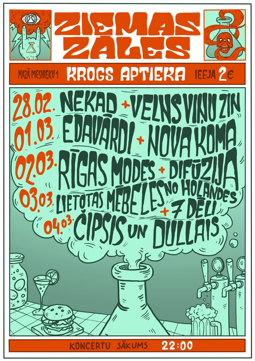 Šovakar sākam ikgadējo festivālu Ziemas Zāles! Pirmais vakars ar grupām NEKAD un Velns Viņu Zin. Sākums 22:00, ieeja ziedojums 2 eur.