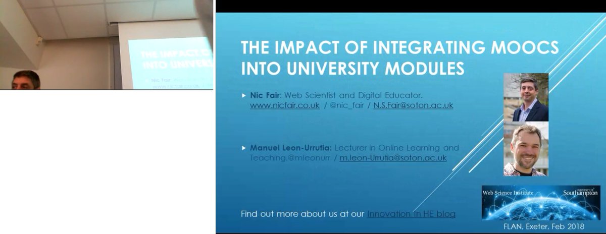 AdrianaGWilde's tweet photo. My ex-colleagues @mleonurr and @nic_fair from @SotonWais talking about their experiences using MOOCs for blended learning @unisouthampton #ExeterFLAN https://t.co/yTA9kvOowj