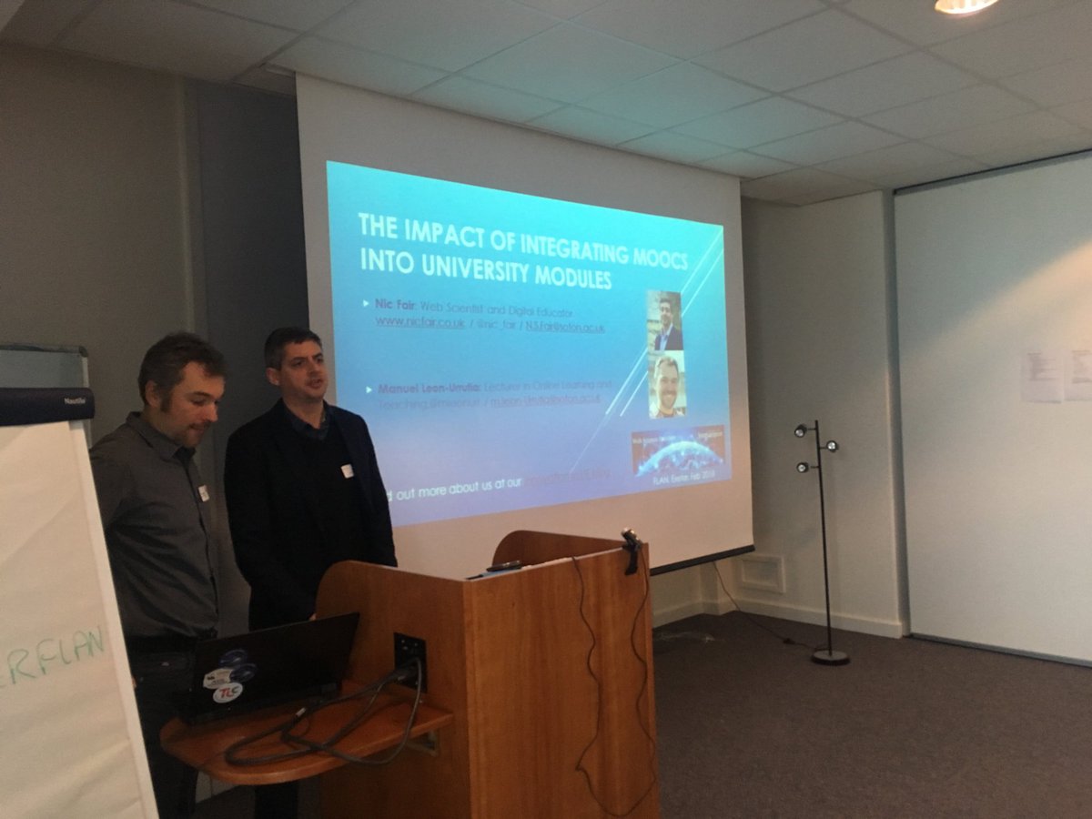 lisaharris's tweet photo. Next up at #exeterFLAN are @mleonurr &amp; @nic_fair from @unisouthampton talking about integrating MOOCs into modules https://t.co/ISS5Z59E5g