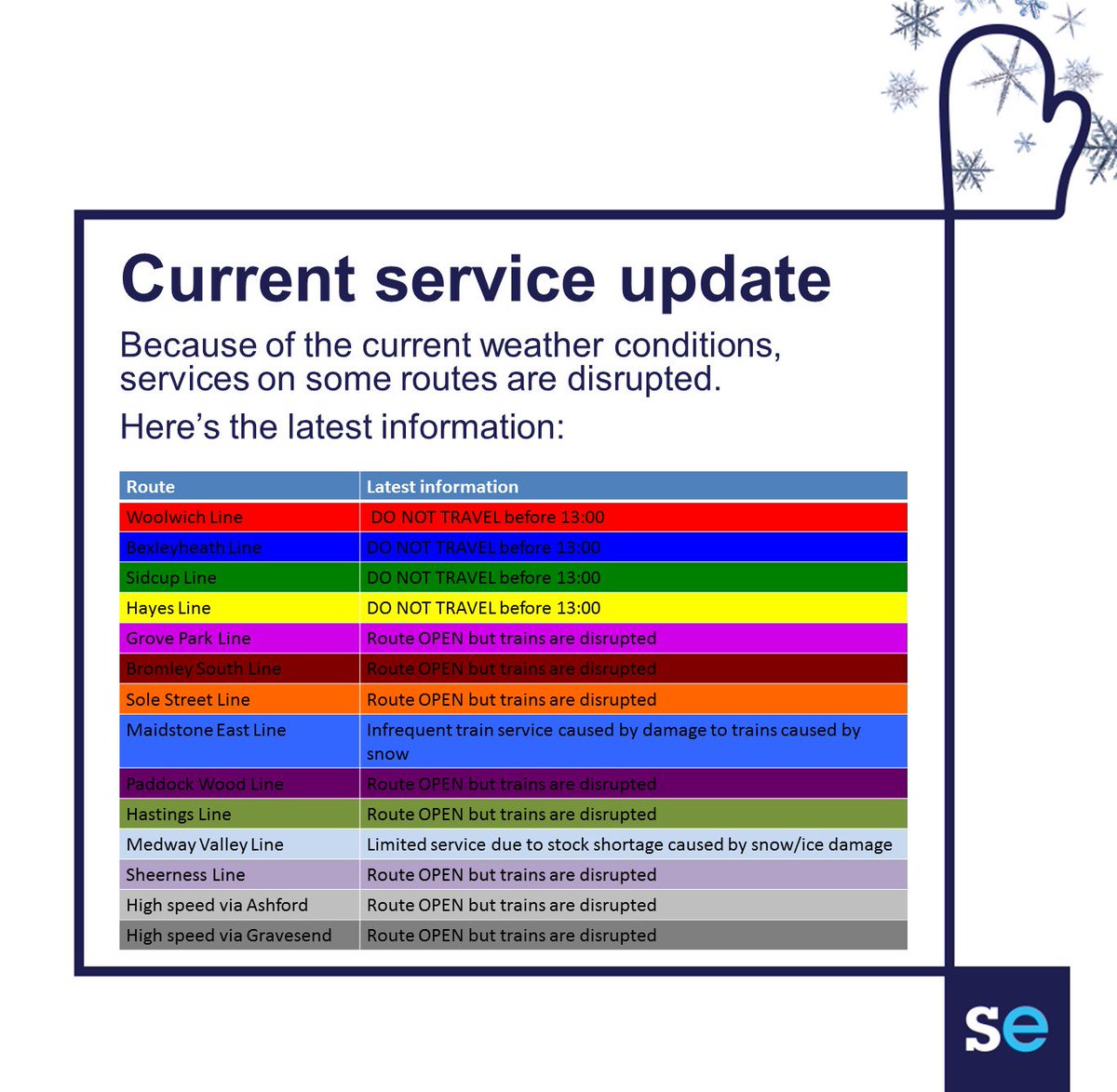 Se_Railway's tweet photo. SERVICE UPDATE 11:15 We are advising passengers not to travel on any of our Metro Route lines to or from Dartford. Limited service on the Medway Valley and Sheerness branch lines. All other lines are open but operating with Delays https://t.co/MR0M9NB8Bu