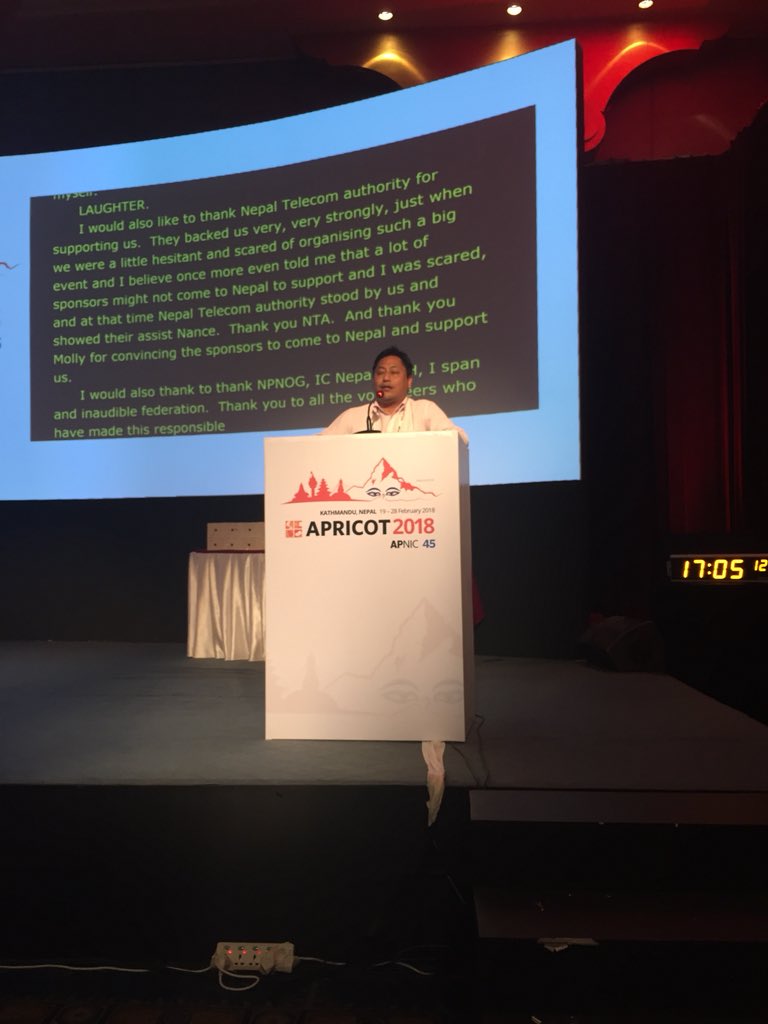 apnic's tweet photo. Rupesh Sresthra from #NPIX provides closing remarks at #APRICOT2018 https://t.co/lyZjb6lGVp