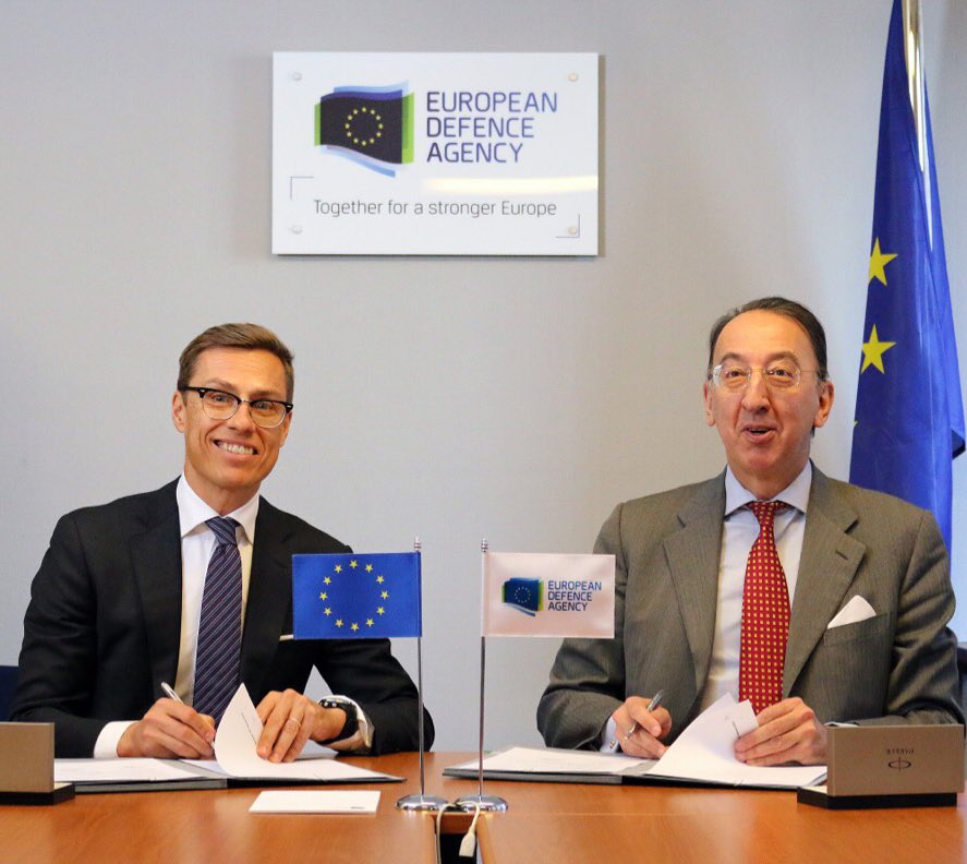 EUDefenceAgency's tweet photo. #EDA #ChiefExec Domecq and @EIB VP @alexstubb signed #cooperation agreement today. Domecq says complementary expertise makes #EDA and #EIB natural partners ▶️ https://t.co/g8Jka2pGWS https://t.co/yqSHtoF1RD