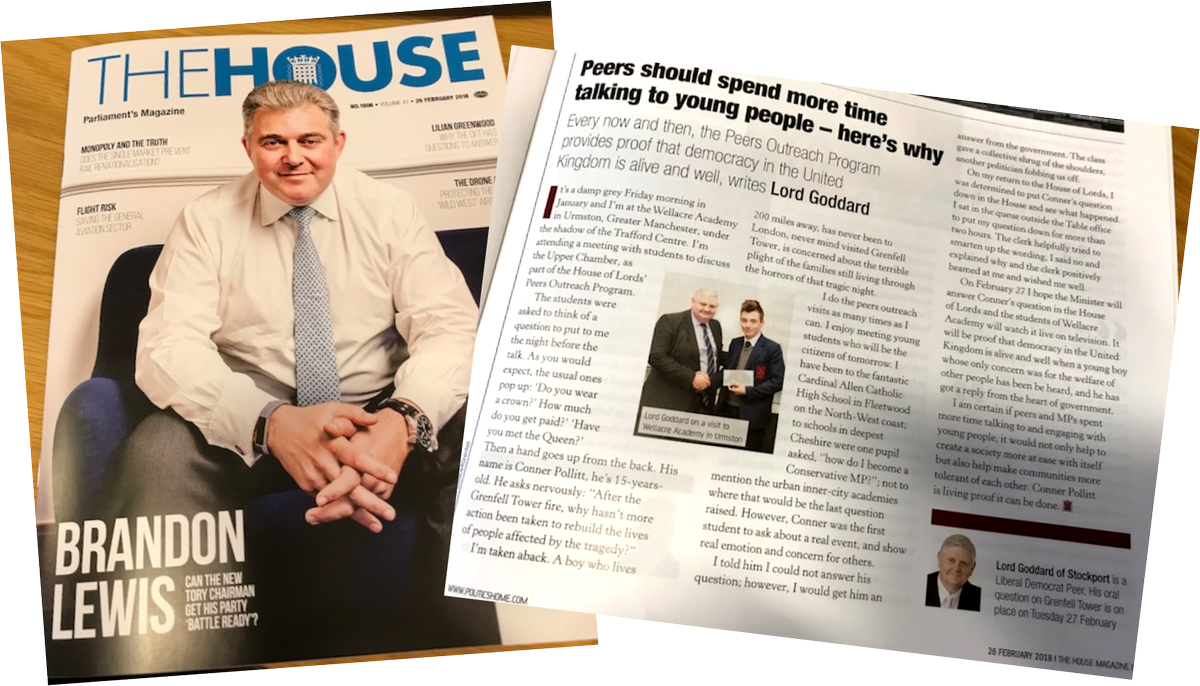 So proud to read about Wellacre and Year 10 Conner in The House - the Parliament Magazine #Politics @davegoddardsk2 Please read Lord Goddard's article here: bit.ly/2t0shyd
