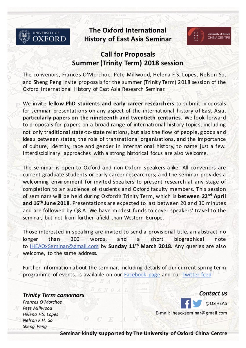 Reminder that we're currently accepting proposals for talks by graduate/PhD students &amp; ECR's on East Asian &amp; Pacific international history. Seminars to take place in Oxford summer term, late April – mid June. Deadline 10 March.