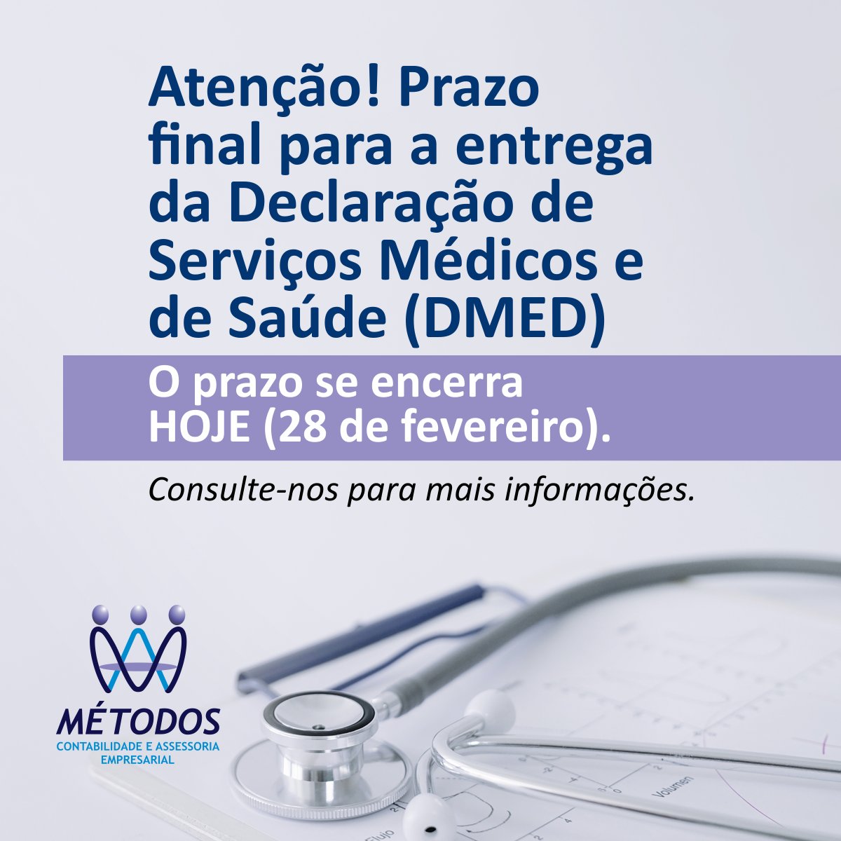 Metodos_RNC's tweet image. Hoje (28) é o último dia para realização da Declaração de Serviços Médicos (#DMED) e deve conter as informações de pagamentos recebidos por pessoas jurídicas prestadoras de serviços de saúde e operadoras de planos privados de assistência à saúde.