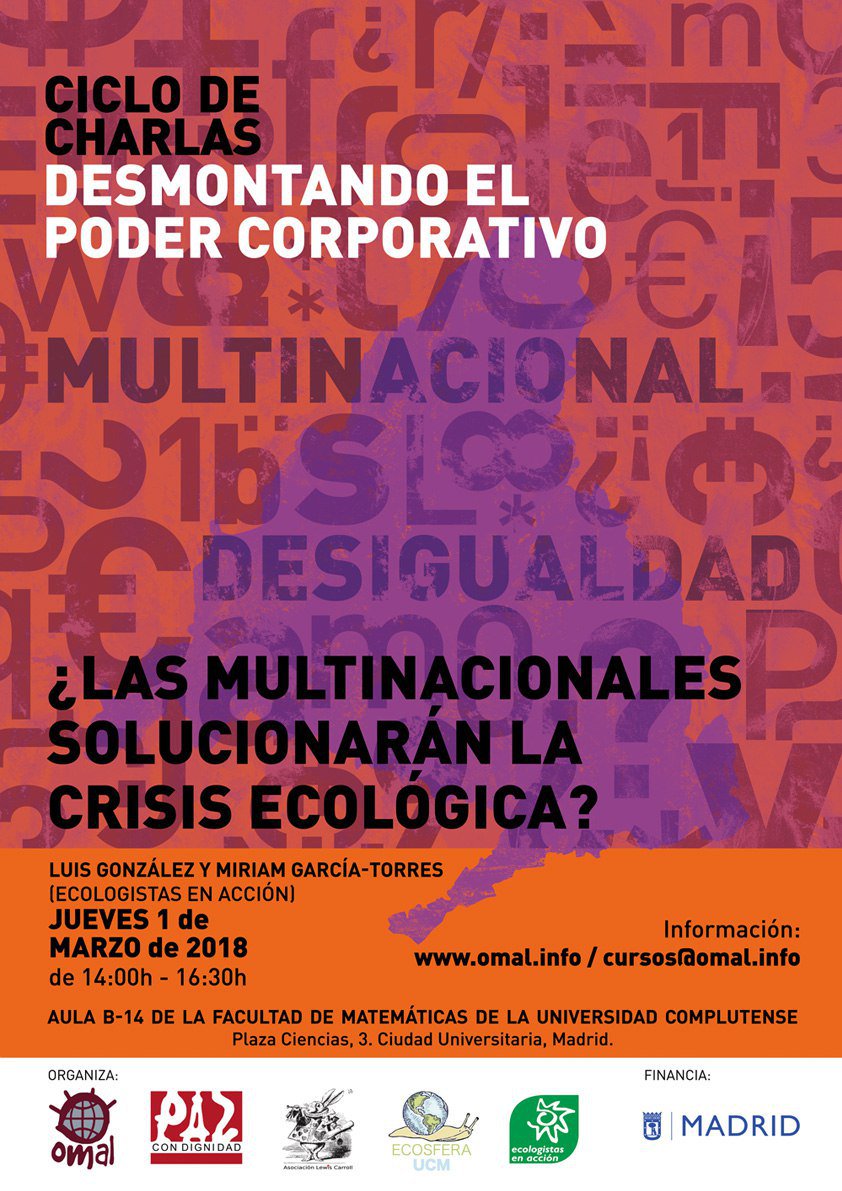 Mañana a las 14:00 en la Facultad de Matemáticas de la <a href="/unicomplutense/">Complutense</a> estarán <a href="/luisglezreyes/">Luis González Reyes</a> y <a href="/mirgartor/">Miriam García Torres</a> en la charla "¿Las multinacionales solucionarán la crisis ecológica? Con <a href="/OMAL_info/">OMAL</a> <a href="/EcosferaUCM/">EcosferaUcm</a> y <a href="/LewisCarrollMat/">Lewis Carroll</a>: omal.info/spip.php?artic…