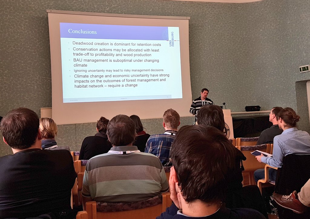 IdaKWallin's tweet photo. Listening to new research for how to better integrate #biodiversity conservation in forest managemnt in temperate #forests: "BAU management is suboptimal under climate change and good chances for more optimal integration" - Andrey Lessa #ConFoBi project @UniFreiburg https://t.co/YvWpKJajmR