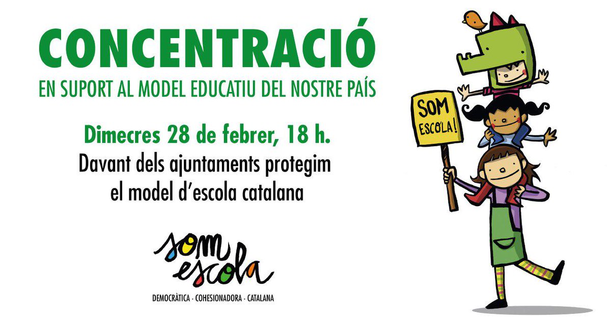Avui defensem el model d'escola catalana al carrer. Els atacs que estem rebent són intolerables. Que no ens aturi la neu! ❄️ 

📆 Dimecres, 28 de febrer
🕧 18 h
📍 Davant de tots els ajuntaments. A BCN: plaça Sant Jaume

#SomEscola