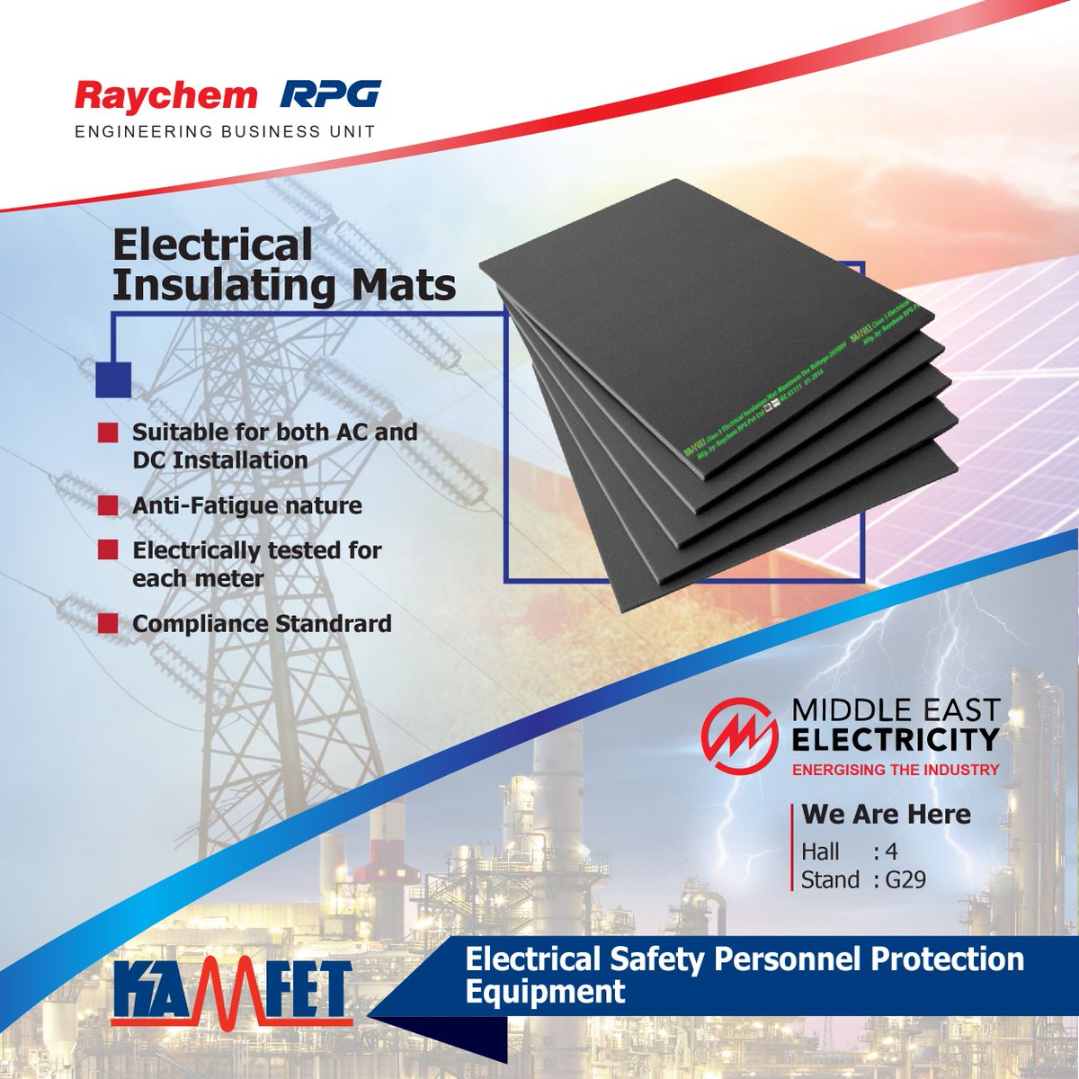 RaychemRPG_EBU's tweet photo. The KAMFET #ElectricalInsulatingMat, insulates the worker from the ground to avoid him being crossed by electrical current in case of direct contact or pace voltage.
To know more about it, visit us at Stand- G29, Hall 4 at #MEE2018
@meelectricity #RRLatMEE2018 #PPE #Mats https://t.co/dtHpzWMvWk