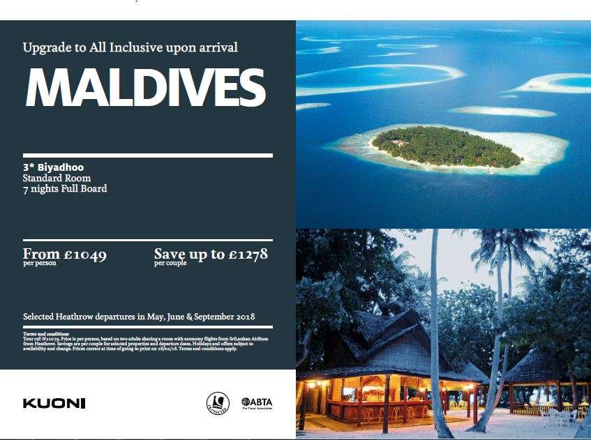WOW! This amazing Maldives offer is back! From £1,049 per person, saving a massive £1,279 per couple, staying on the beautiful island, Biyadhoo. Come into the Dorking store today or call us on 01306 884420 to find out more information. #Maldivesspecialoffer #Kuonitravel