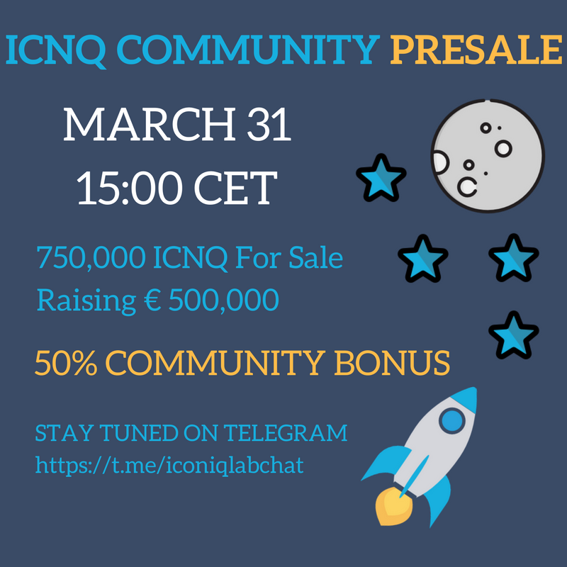 DDA_GmbH's tweet photo. The big moment is HERE! The ICNQ #presale will begin on Saturday, March 31, 2018 at 15:00 CET. #ico #tokensale #blockchain #iconiqlab #hodl #eth #crypto Stay tuned on Telegram for live updates https://t.co/QmLu19LUyn https://t.co/2pffvR5Qia