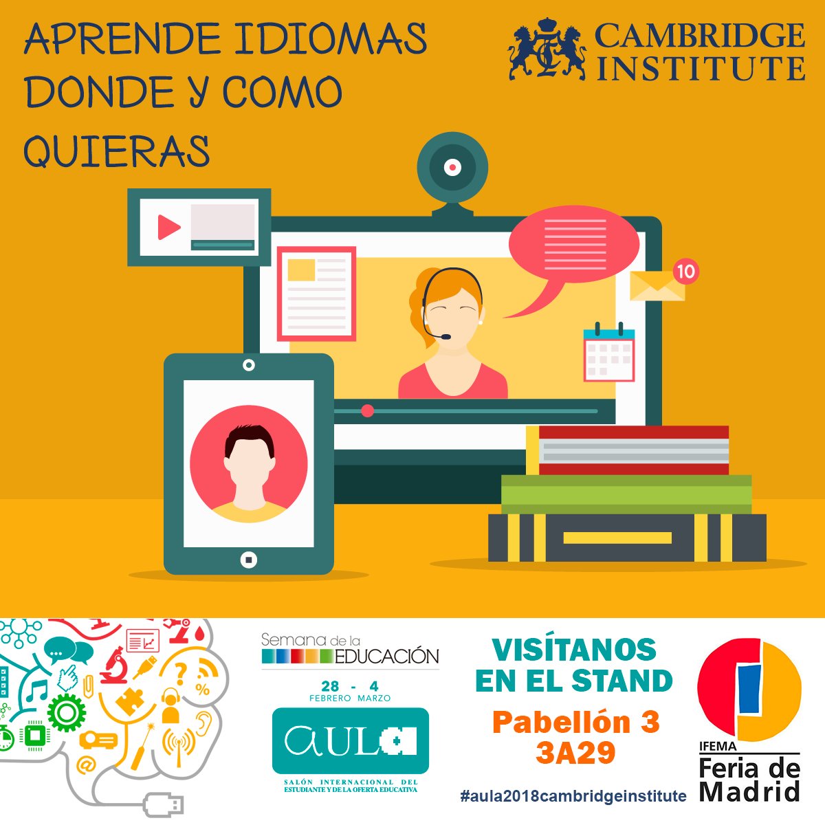 CambridgeInsti's tweet photo. Con Cambridge Institute aprende #idiomas donde y como quieras, infórmate en nuestro stand de la Feria #AULA2018 desde hoy y hasta el domingo, y participa en nuestro #concurso de #Instagram https://t.co/QcLPxkcNwe #aprendeidiomas #inglés #alemán #francés #chino https://t.co/KDdVNPTDk0