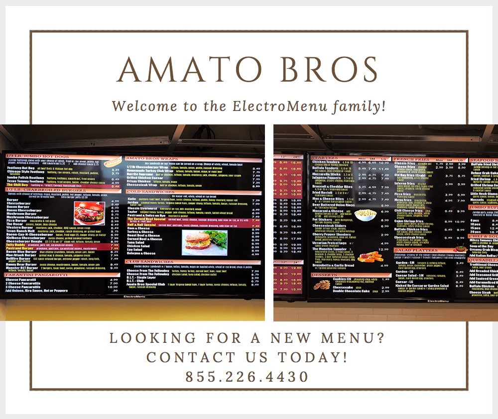 ElectroMenu's tweet image. Welcome to the family Amato Bros! Call us today for your free quote! 855.226.4430