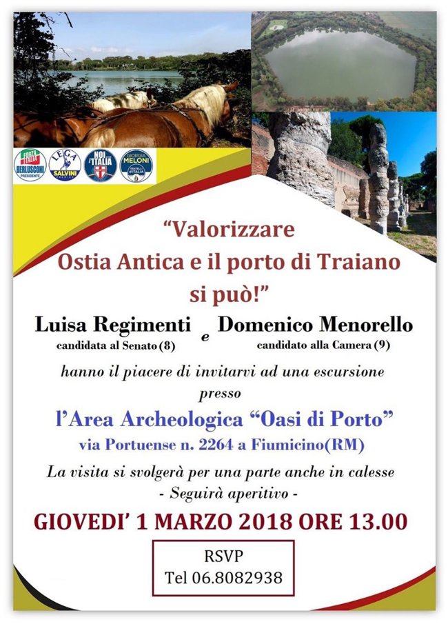 On_Menorello's tweet photo. DOMANI LUISA REGIMENTI E DOMENICO MENORELLO IN VISITA PRESSO L'AREA ARCHEOLOGICA OASI DI PORTO
https://t.co/ZZsCk2mnne
#elezioni2018 @On_Menorello @luisaregimenti @s_parisi @ClubFI_Ostia @MessaggeroOstia @FiumicinoOnline @ostia_tv @OstiaTv @ostiatvchannel @TgrRaiLazio @romatoday https://t.co/1qXT3LK1rF