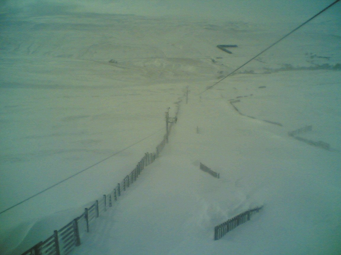 View from webcam at the top of the Yad Moss ski tow this afternoon . Big drifts forming in the shelter of the strong easterly wind.