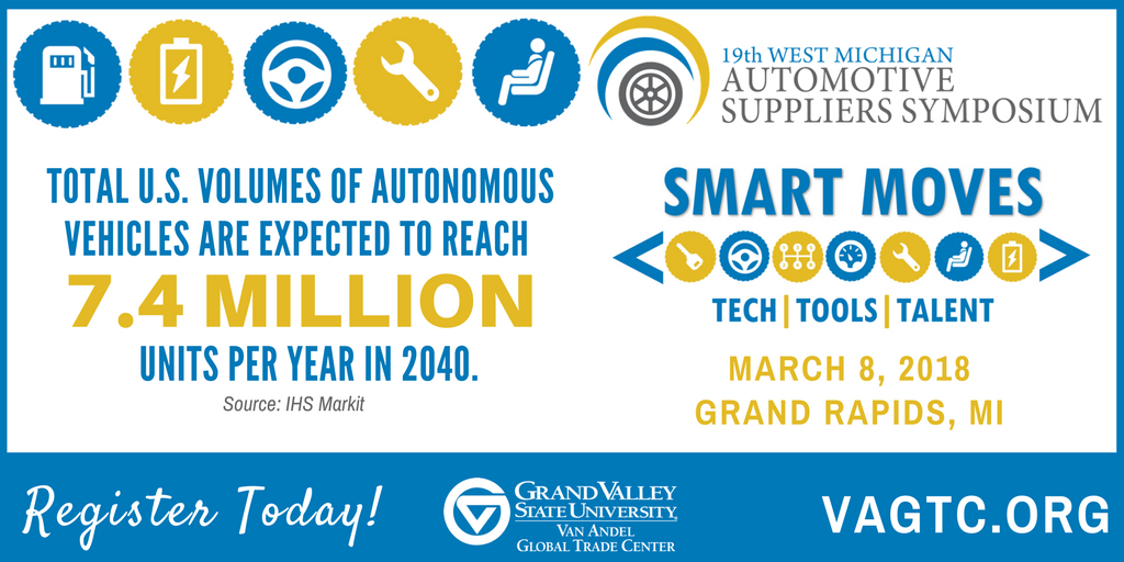 VAGTC's tweet photo. The 19th West Michigan Automotive Suppliers Symposium comes to Grand Rapids next week, March 8th! Register today: https://t.co/CCAogleGA4 @PlanteMoran @planetm @TheRightPlaceGR @IHSMarkit @WNJLLP @BEHCO_MRM @Chase @Padnos @MiBiz @GVSU @GVSUSeidman #WestMIAuto #Auto https://t.co/lXZCzyZlBk
