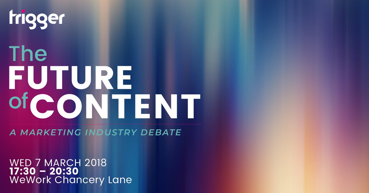 thisistrigger_'s tweet photo. The marketing landscape is changing as we've never seen before. Are you ready?

Join @Stephen_Wise @Paul_K_Archer &amp; an expert panel to discuss the future of content.

Free places are limited! Book here - https://t.co/WLwNhy3aKp https://t.co/feC5Bv2RRK
