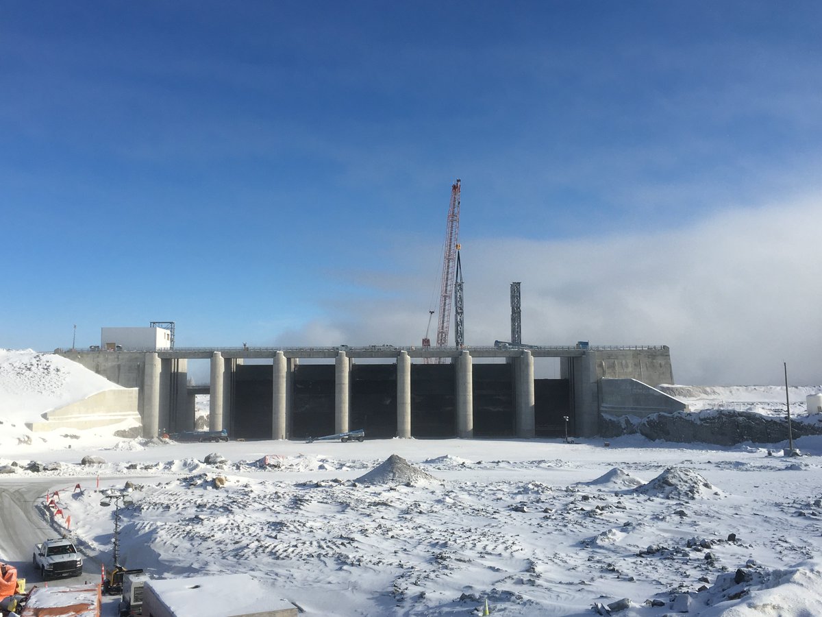 This massive structure is the spillway at Keeyask. The gates (which will eventually hold water back) were installed this week. It's on track to be finished before summer — that's when the river diversion begins.