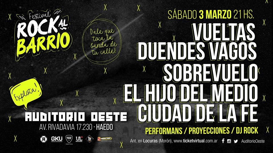 📆✔️#RCIAgenda

Este sábado 03 de Marzo se llevará a cabo la fiesta #ROCKALBARRIO en <a href="/AuditorioOeste/">Auditorio Oeste</a>  a las 21hs!

🎸#VUELTAS - <a href="/DuendesVagos/">Duendes Vagos</a> -<a href="/sobrevuelo/">SobreVuelo</a> - <a href="/ELHIJODELMEDIO/">ºEL HIJO DEL MEDIO</a> - #CIUDADDELAFE 🎸

No se lo pierdan!!!