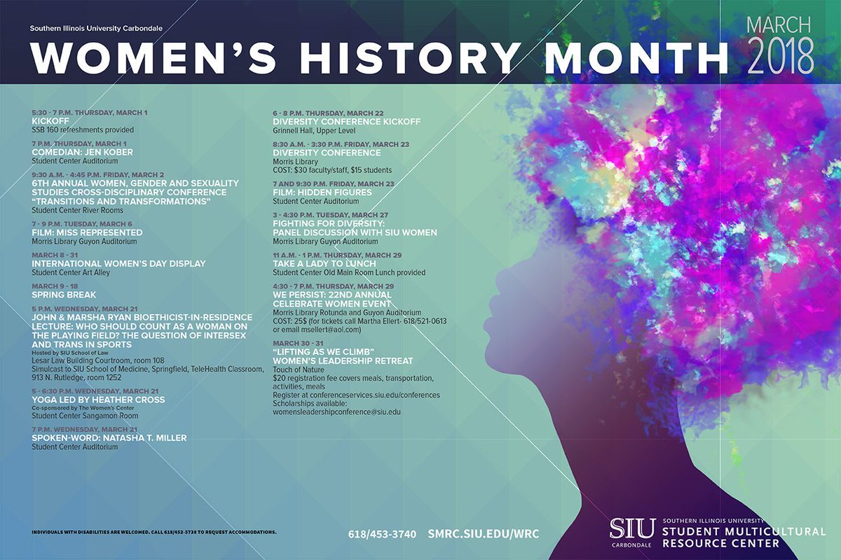 SIUAlumni's tweet photo. March is Women's History Month at #SIUC! A kick-off celebration is set for 5:30 pm Thurs. March 1 in the Student Services Building. The month's theme “Nevertheless She Persisted" honors women who fight all types of discrimination. Details: https://t.co/QO6d00KQtO #ThisIsSIU https://t.co/2VHgWgfNLW